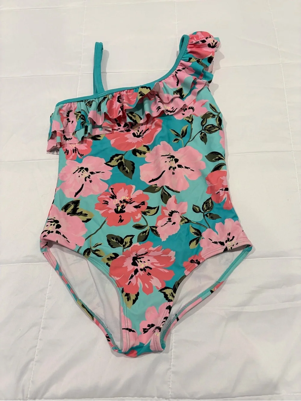 Kanu Surf Girls One-Shoulder Floral Swimsuit in Teal and Pink